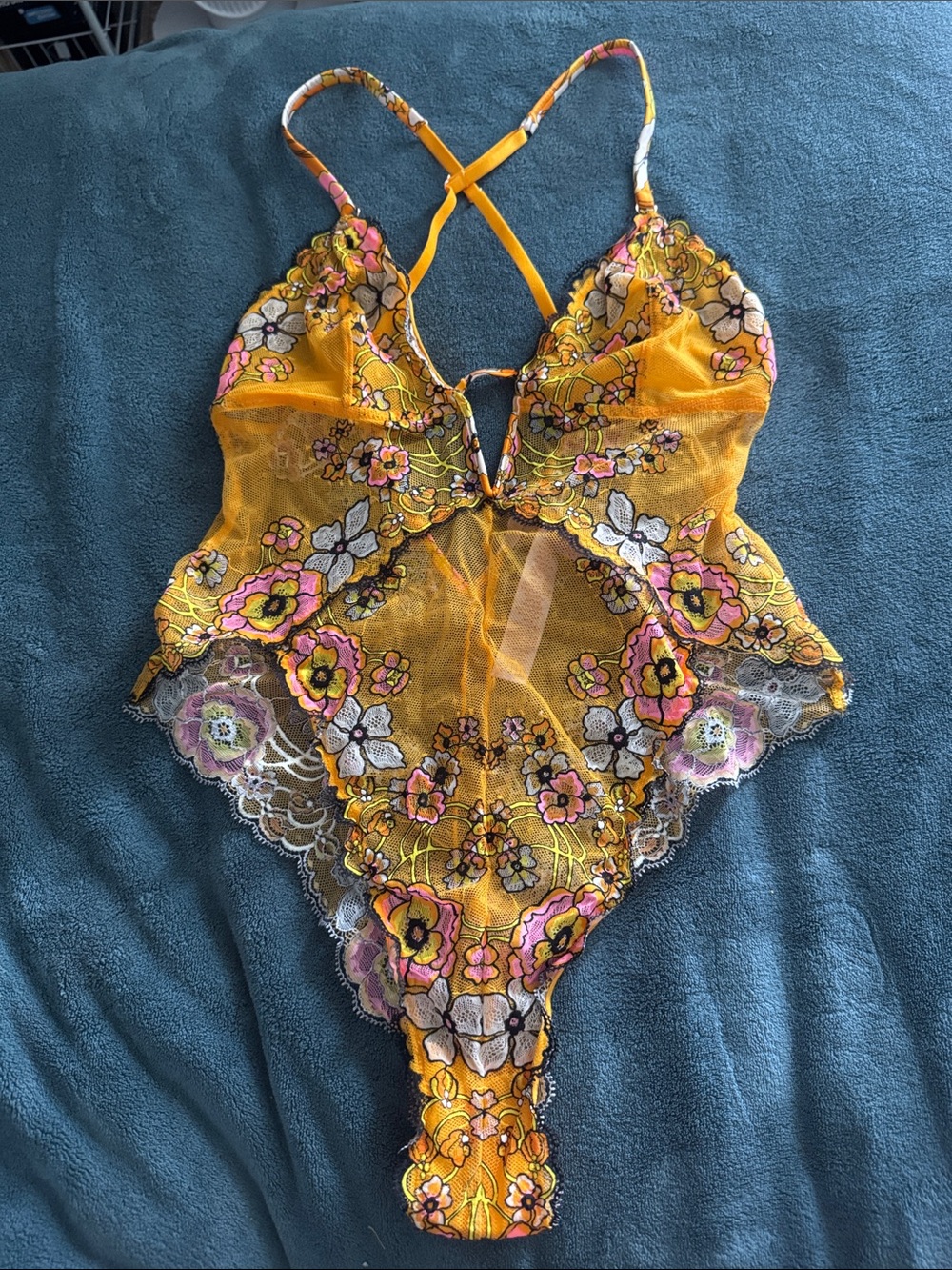 Savage X Fenty Yellow Floral Lace Teddy Bodysuit